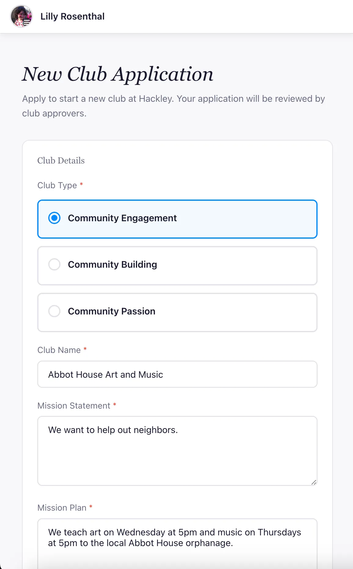 New club application